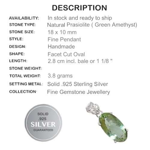 Natural Green Amethyst (Prasiolite) Gemstone .925 Silver Pendant Necklace