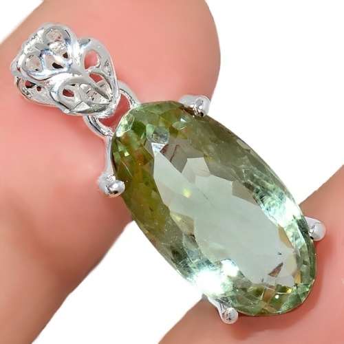Natural Green Amethyst (Prasiolite) Gemstone .925 Silver Pendant Necklace