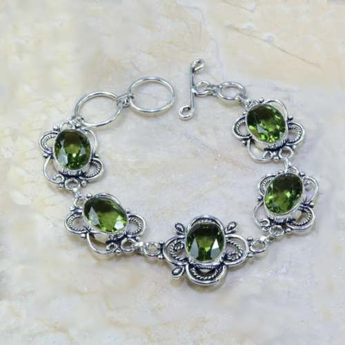 Green Amethyst Faceted Oval Gemstones set in .925 Sterling Silver Plated Handmade Bracelet