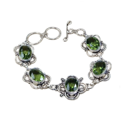 Green Amethyst Faceted Oval Gemstones set in .925 Sterling Silver Plated Handmade Bracelet
