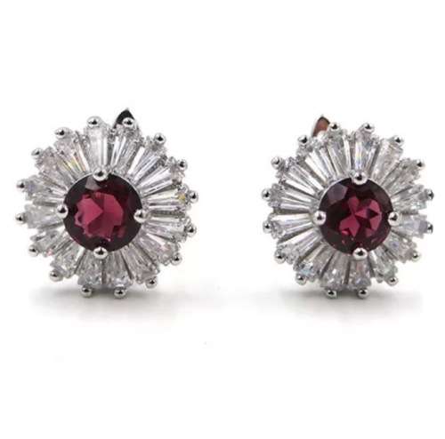 6mm Top Natural Rhodolite Garnet, Baguette Cubic Zirconia Solid .925 Sterling Silver Earrings
