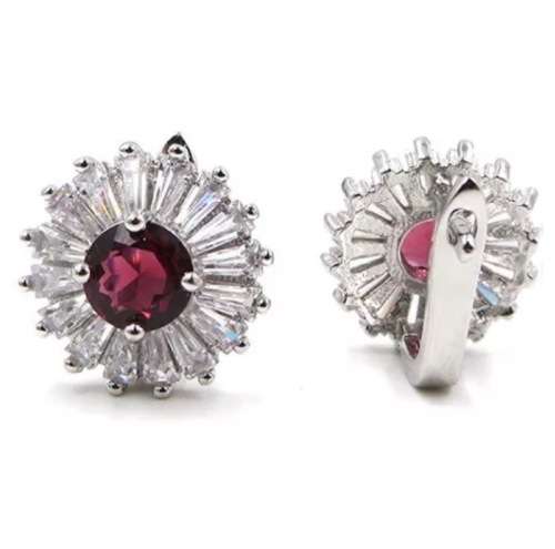 6mm Top Natural Rhodolite Garnet, Baguette Cubic Zirconia Solid .925 Sterling Silver Earrings