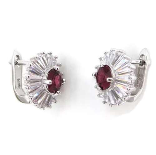 6mm Top Natural Rhodolite Garnet, Baguette Cubic Zirconia Solid .925 Sterling Silver Earrings