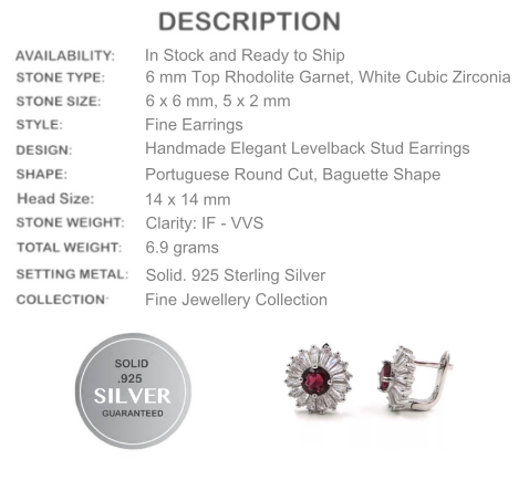 6mm Top Natural Rhodolite Garnet, Baguette Cubic Zirconia Solid .925 Sterling Silver Earrings