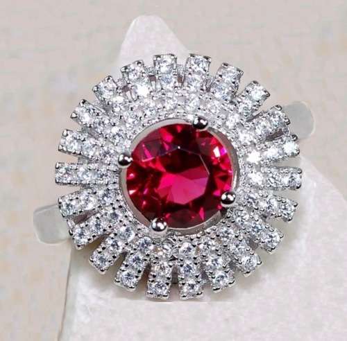 1 Cts Ruby, White Topaz Gemstones set in Solid 925 Sterling Silver Glamourous Ring Size 8 or Q