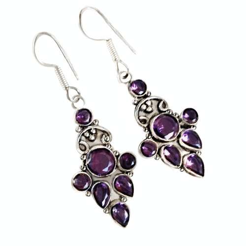 Natural Purple Amethyst Dangle .925 Silver Earrings