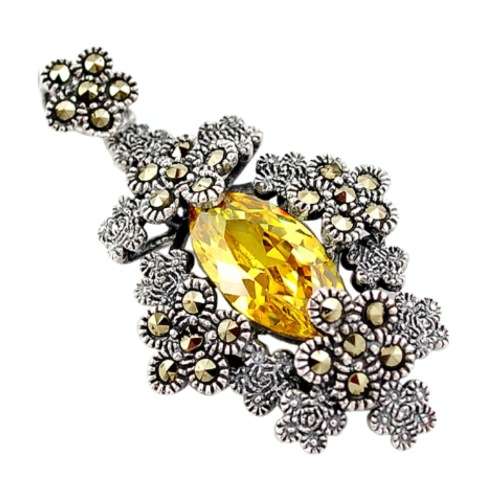 Natural Lemon Topaz and Swiss Marcasite in Solid .925 Sterling Silver Pendant