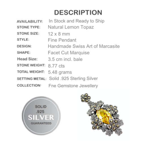 Natural Lemon Topaz and Swiss Marcasite in Solid .925 Sterling Silver Pendant