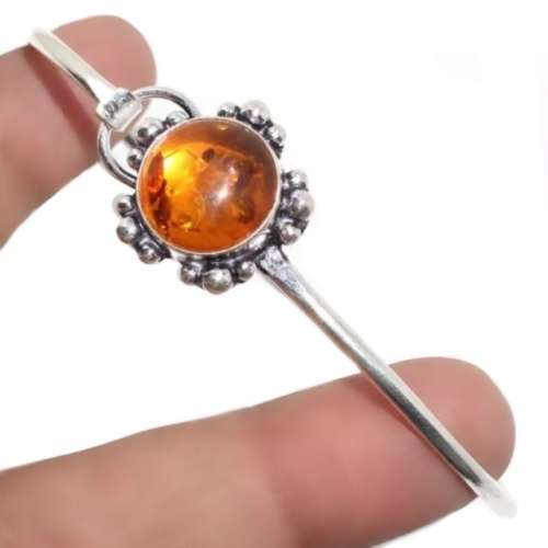Pressed Amber Round Gemstone Set in .925 Sterling Silver Handmade Floral Set Bangle