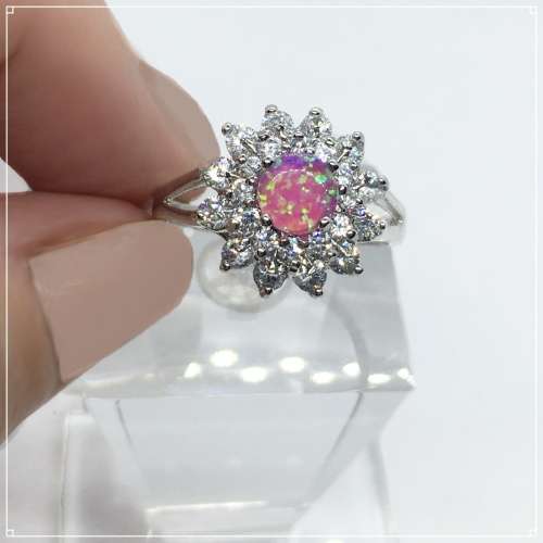 Handmade Pink Fire Opal, White Cubic Zirconia Gemstone .925 Sterling Silver Plated Ring Size 9/R1/2