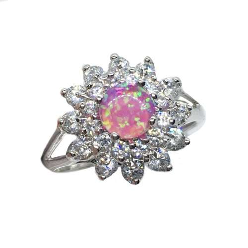 Handmade Pink Fire Opal, White Cubic Zirconia Gemstone .925 Sterling Silver Plated Ring Size 9/R1/2