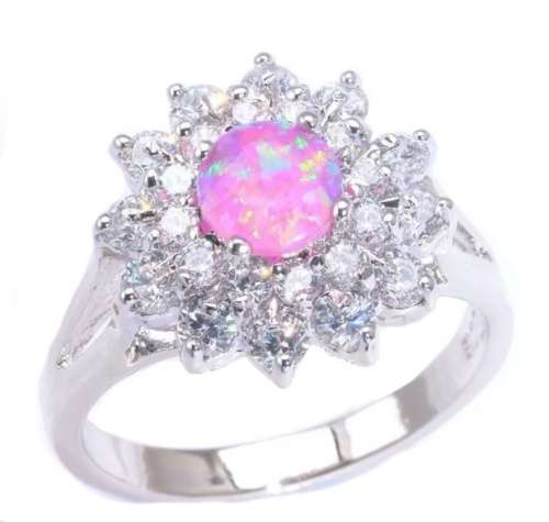 Handmade Pink Fire Opal, White Cubic Zirconia Gemstone .925 Sterling Silver Plated Ring Size 9/R1/2