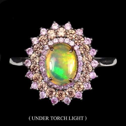 8 x 6 mm Unheated Ethiopian Fire Opal Oval, Sapphires Solid .925 Sterling Ring Size 8 / Q