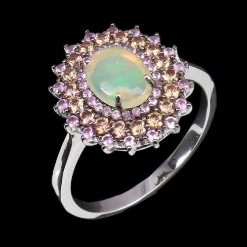 8 x 6 mm Unheated Ethiopian Fire Opal Oval, Sapphires Solid .925 Sterling Ring Size 8 / Q
