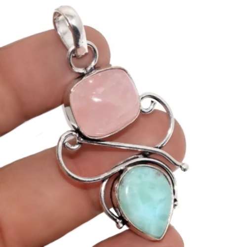 Natural Rose Quartz and Caribbean Larimar .925 Sterling Silver Plated Pendant