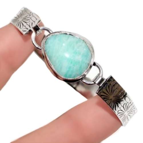 Natural Peruvian Amazonite Gemstone set in .925 Sterling Silver Plated Handmade Bangle