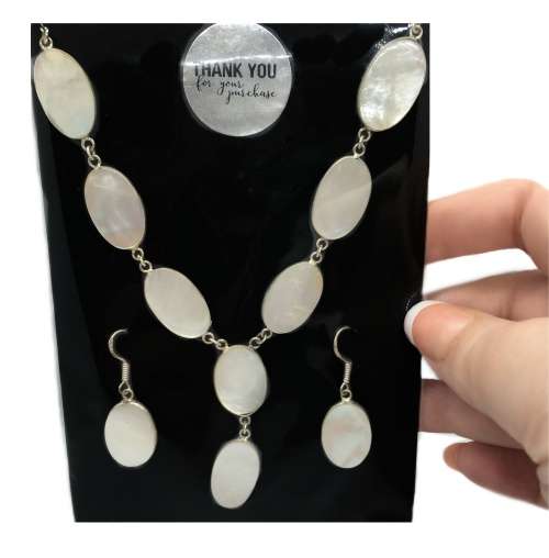 Natural Mother of Pearl Ovals set in .925 Sterling Silver Plated Handmade Necklace and Earrings Set
