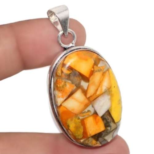 Natural Brecciated Bumble Bee Jasper Oval Gemstone set in .925 Sterling Silver Plated Pendant