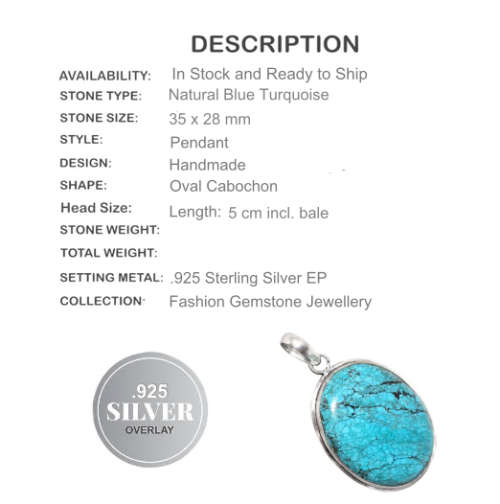 Natural Blue Turquoise Gemstone 925 Silver Pendant