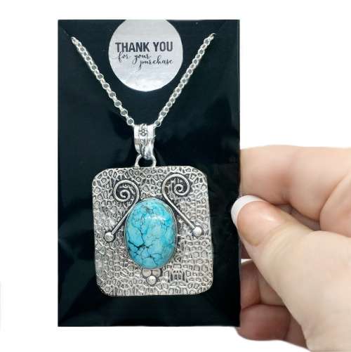 Natural Blue Turquoise Gemstone set in 925 Sterling Silver Plated Antique Style Pendant