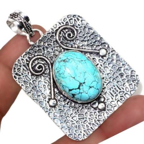 Natural Blue Turquoise Gemstone set in 925 Sterling Silver Plated Antique Style Pendant