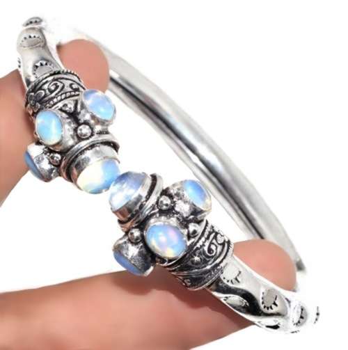 Fiery Opalite Round and Oval Gems set in .925 Sterling Silver Adjustable Cuff Bangle