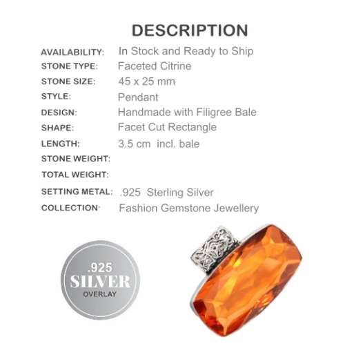 FACETED COGNAC CITRINE GEMSTONE FASHION PENDANT .925 STERLING  SILVER