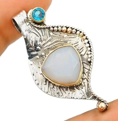 4 Ct Three Tone Fire Opalite Blue Topaz Gemstone set in Solid .925 Sterling Silver Victorian Pendant