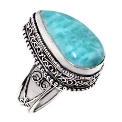 Natural Caribbean Larimar Pear Shape Gemstone in .925 Sterling Silver Plated Ring US 9 or R1/2
