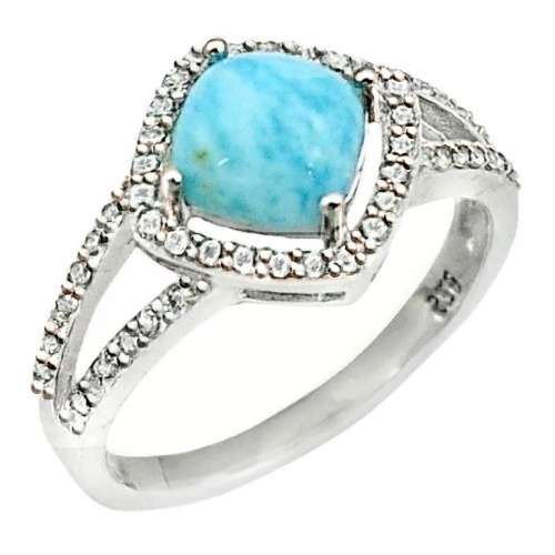3.83 cts Natural Caribbean Blue Larimar, White Topaz .925 Sterling Silver Ring US 8