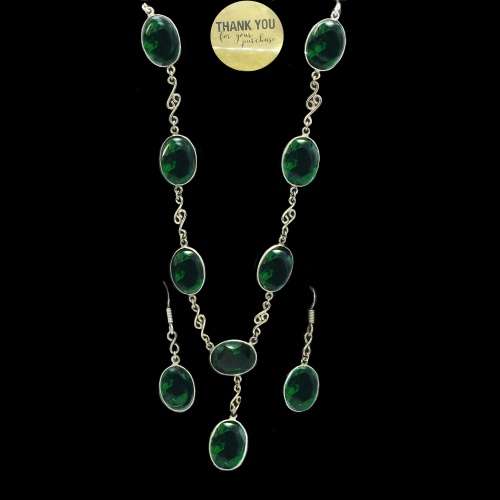 Emerald Quartz Gemstone 925 Silver Necklace and Earrings Set