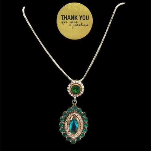 Two Tone Turkish Emerald and White Cubic Zirconia  .925 Sterling Silver Plated Pendant + Chain
