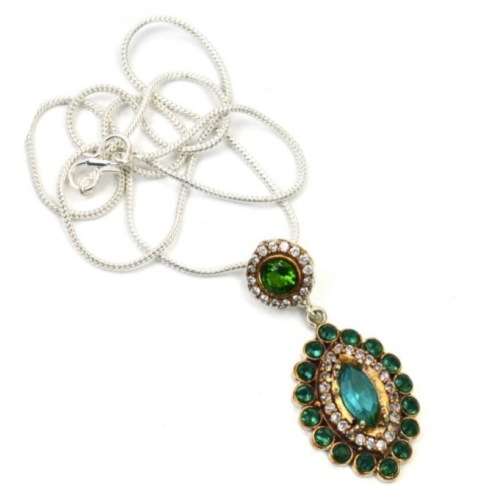 Two Tone Turkish Emerald and White Cubic Zirconia  .925 Sterling Silver Plated Pendant + Chain