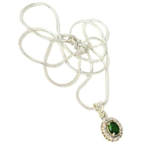 Two Tone Turkish Emerald White Cubic Zirconia  .925 Sterling Silver Plated Handmade Pendant + Chain