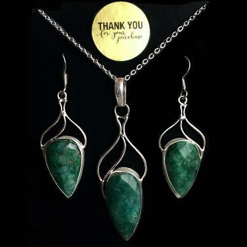 Natural Indian Emerald Quartz Gemstone 925 Sterling Silver Plated Handmade Pendant and Earrings Set