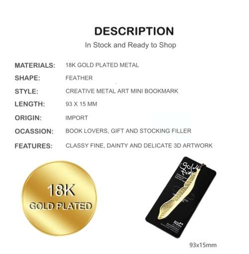 Creative 3d Mini Metal Feather 18k Gold Plated Bookmark