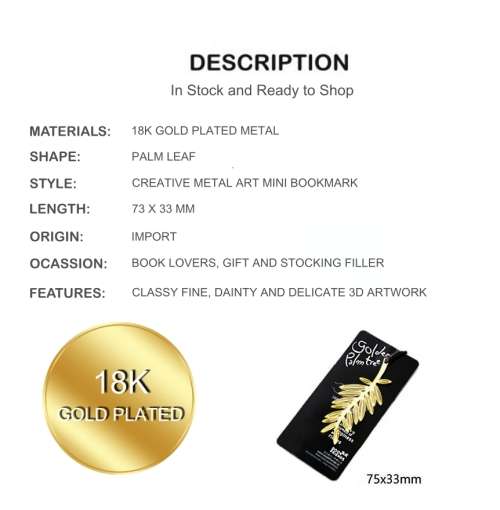 Creative 3d Mini Metal Palm Leaf 18k Gold Plated Bookmark
