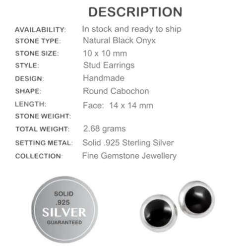 NATURAL BLACK ONYX GEMSTONE SOLID .925 STERLING SILVER STUD EARRINGS