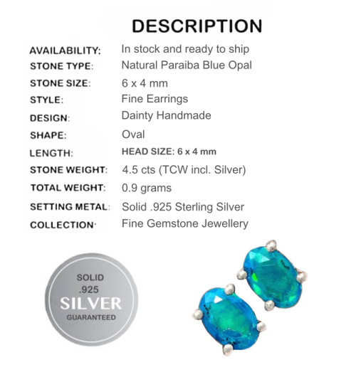 RARE NATURAL BRAZILIAN PARAIBA BLUE OPAL  SOLID .925 STERLING SILVER EARRINGS