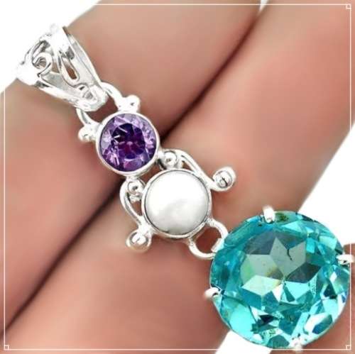 14.31 cts Sky Blue Topaz Pearl and Purple Amethyst Solid set in Solid .925 Sterling Silver Pendant