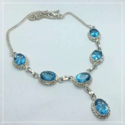 Faceted Blue Topaz Ovals set in .925 Sterling Silver Plated Handmade Necklace