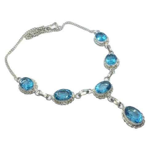 Faceted Blue Topaz Ovals set in .925 Sterling Silver Plated Handmade Necklace