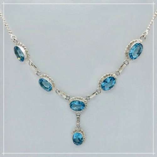 Faceted Blue Topaz Ovals set in .925 Sterling Silver Plated Handmade Necklace