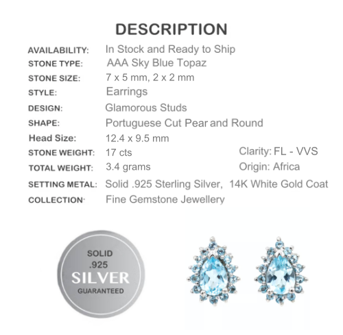 Genuine 7 X5 mm AAA Top Sky Blue Topaz Gemstone  .925 Sterling Silver Earrings