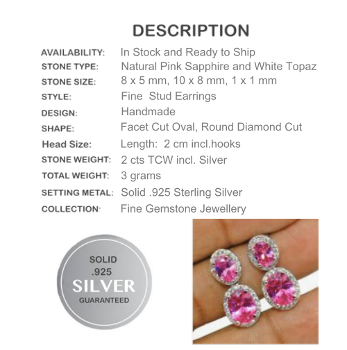 2 CTS PINK SAPPHIRE AND WHITE TOPAZ  GEMSTONE SOLID .925 STERLING SILVER EARRINGS