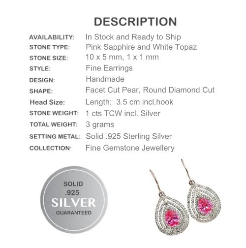 1 cts Pink Sapphire and White Topaz Gemstone in Solid .925 Sterling Silver Earrings