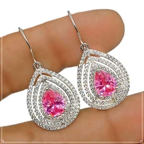 1 cts Pink Sapphire and White Topaz Gemstone in Solid .925 Sterling Silver Earrings