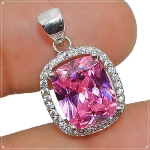 3 cts Pink Sapphire and White Topaz Gemstone Solid .925 Silver Pendant