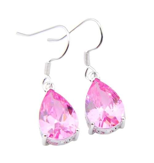 Handmade Simulated Pink Topaz Pear Shape Silver Plated Elegant Necklace and Earrings Set