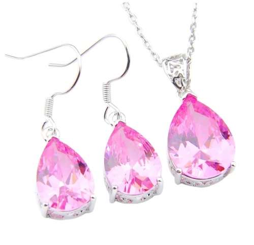 Handmade Simulated Pink Topaz Pear Shape Silver Plated Elegant Necklace and Earrings Set